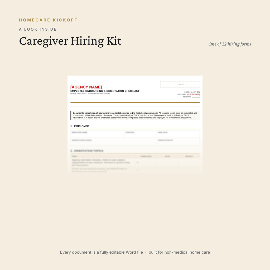 Preview of pages inside the Caregiver Hiring Kit