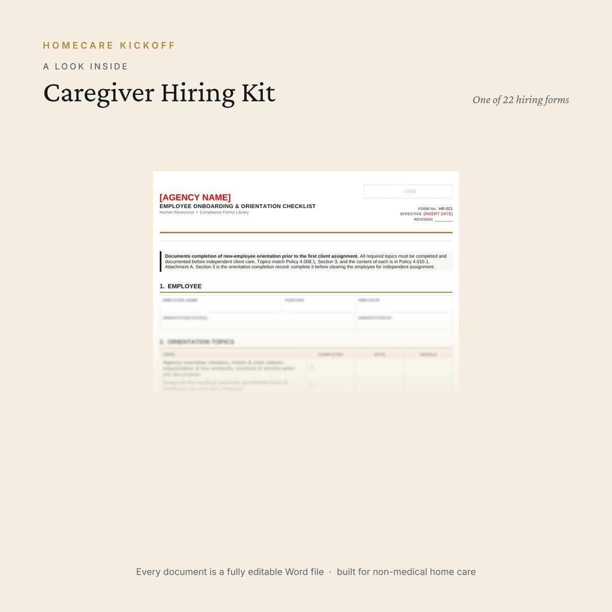 Preview of pages inside the Caregiver Hiring Kit
