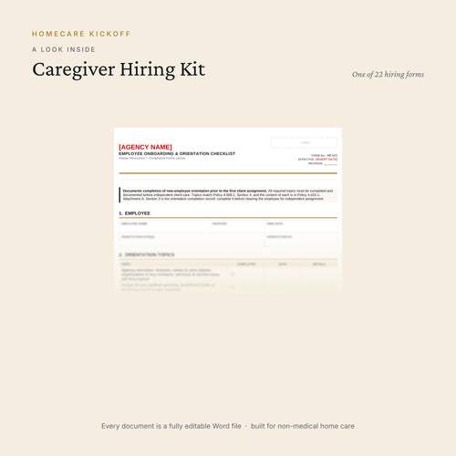 Preview of pages inside the Caregiver Hiring Kit